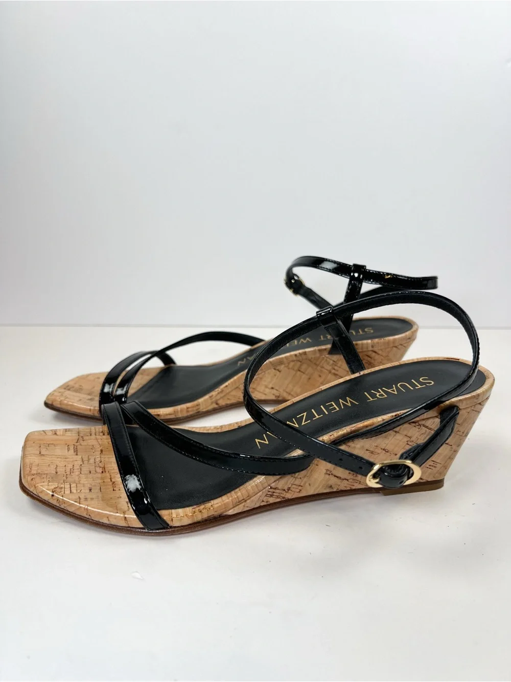 Stuart Weitzman Oasis 50 Wedge Sandal Black Patent Leather Cork size 6.5B